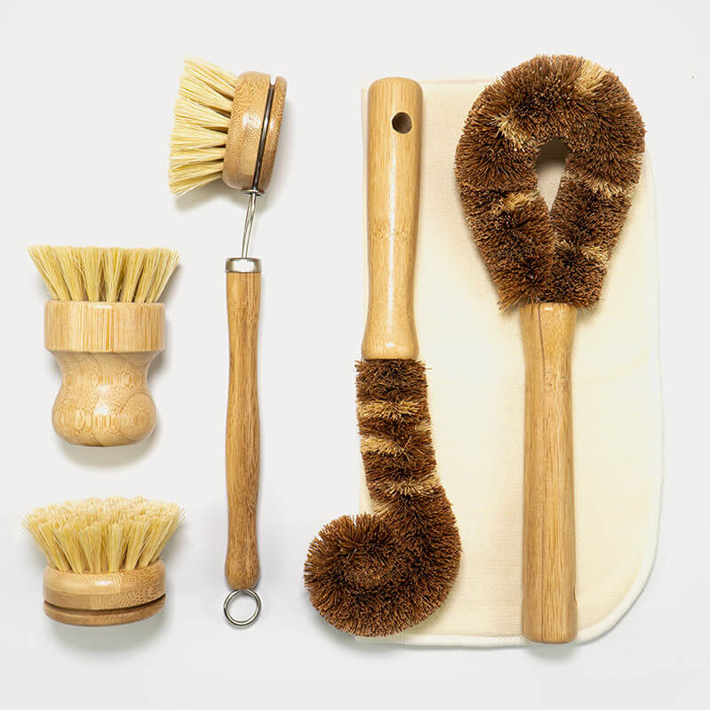 Natural Bamboo Dish Brush Set | 6 Piece Plastic-Free Kit
