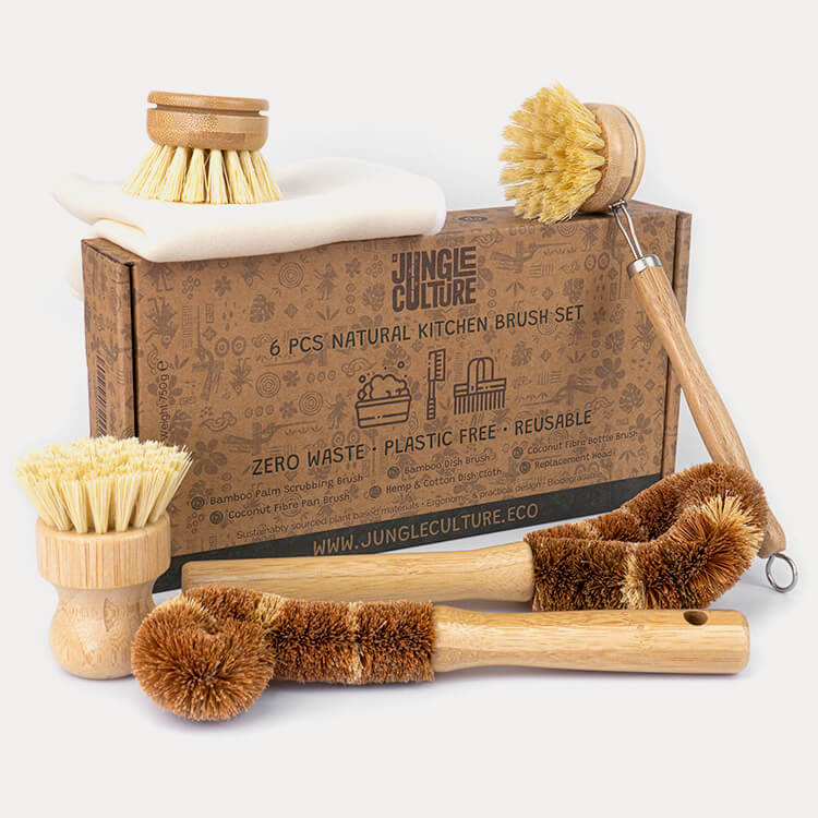 Natural Bamboo Dish Brush Set | 6 Piece Plastic-Free Kit