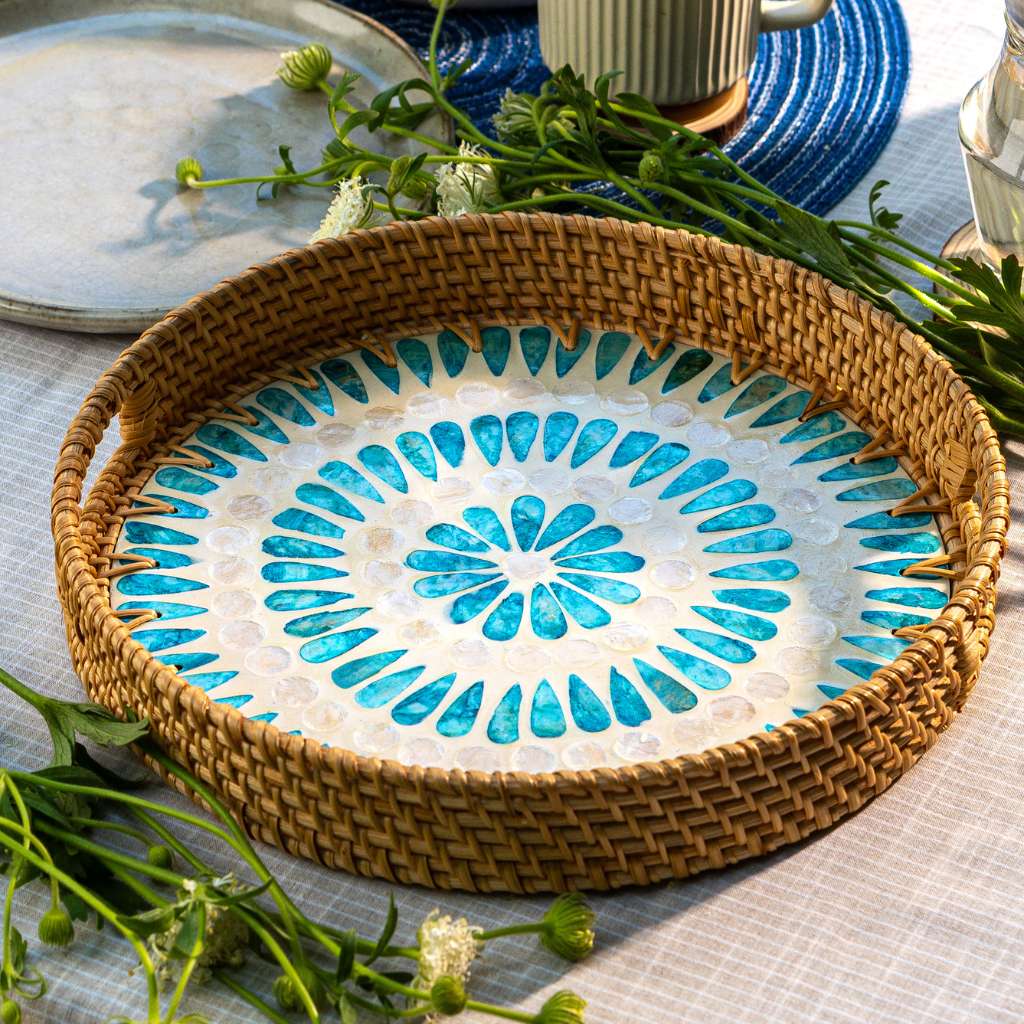 Handmade Rattan & Mother of Pearl Serving Tray