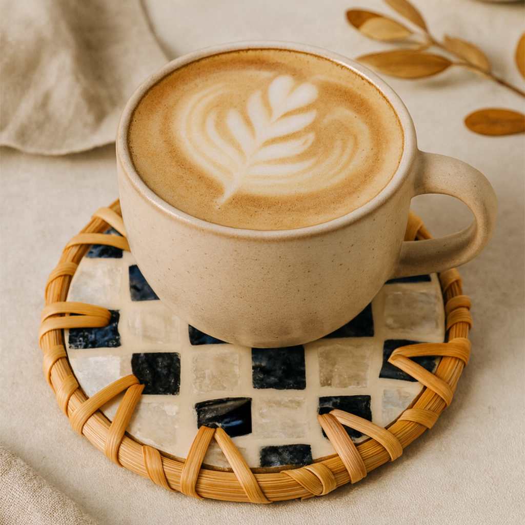 Rattan & Mother of Pearl Coaster Set of 6 | Handmade Eco-Friendly Drink Coasters with Holder