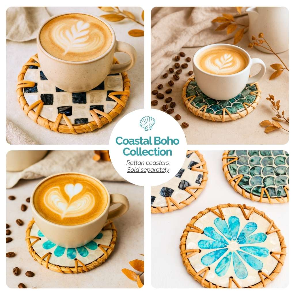Rattan & Mother of Pearl Coaster Set of 6 | Handmade Eco-Friendly Drink Coasters with Holder