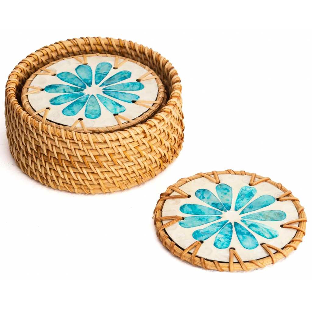 Natural Rattan & Mother of Pearl Coaster Set – 6 Piece with Holder