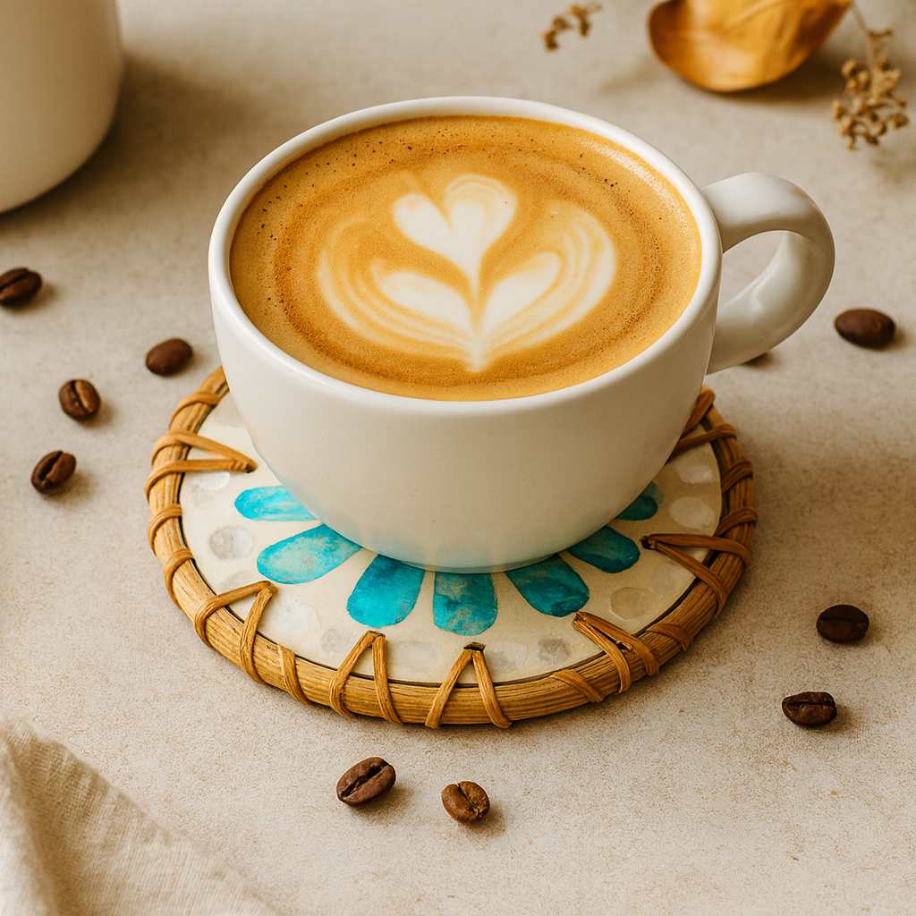 Natural Rattan & Mother of Pearl Coaster Set – 6 Piece with Holder