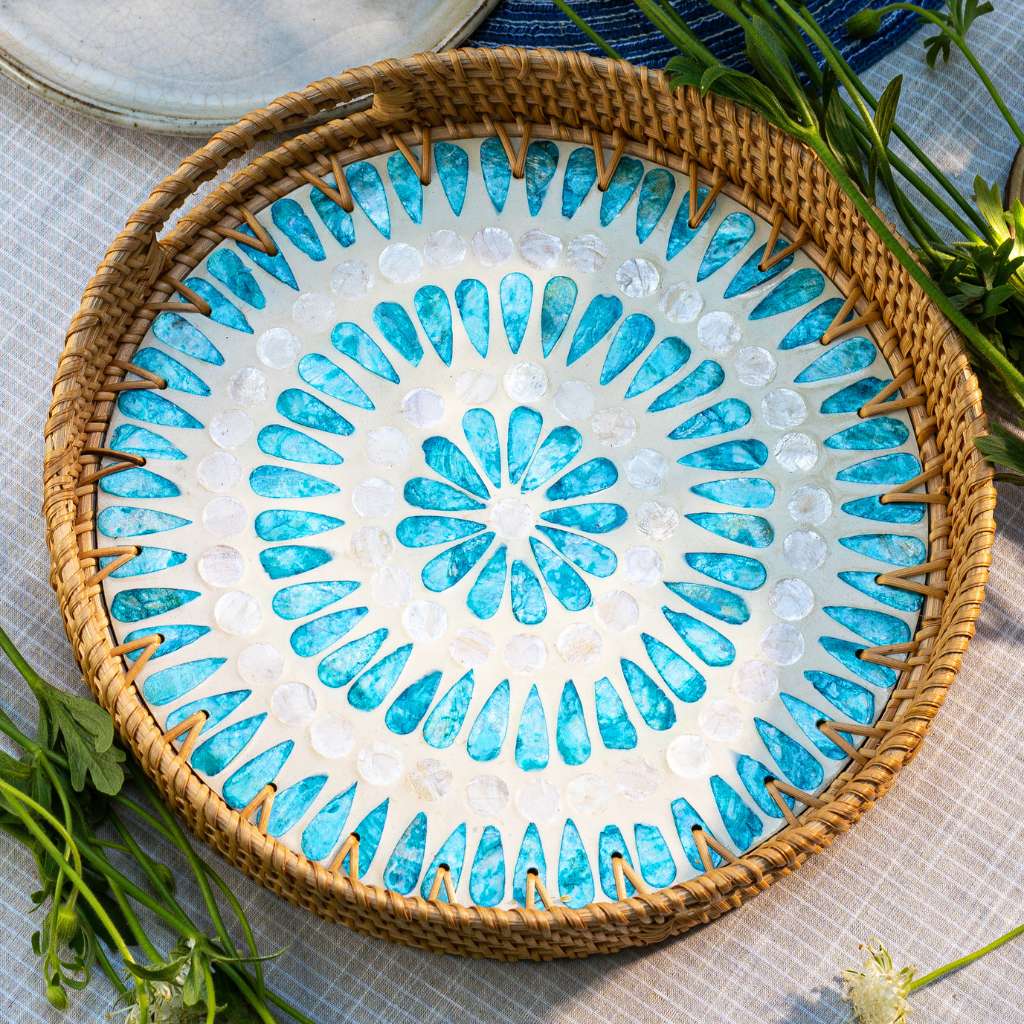 Handmade Rattan & Mother of Pearl Serving Tray