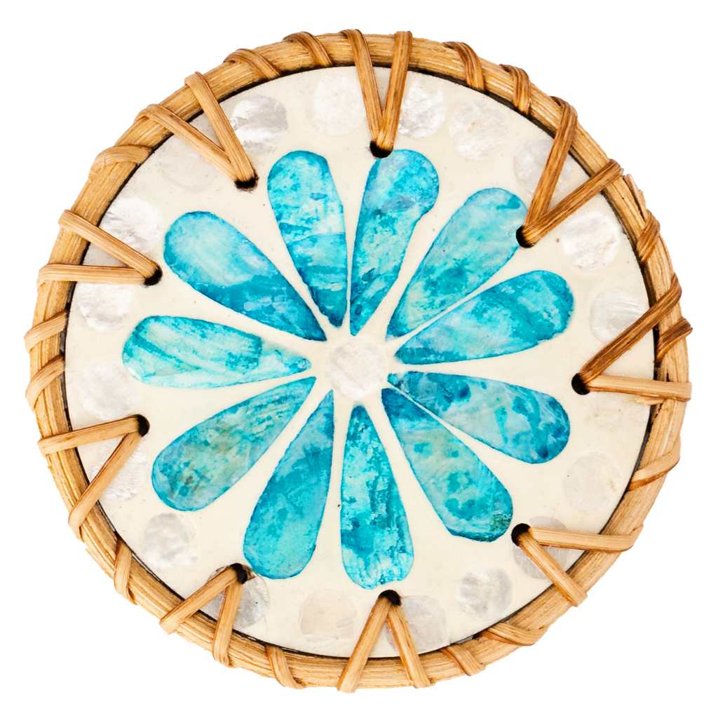 Natural Rattan & Mother of Pearl Coaster Set – 6 Piece with Holder