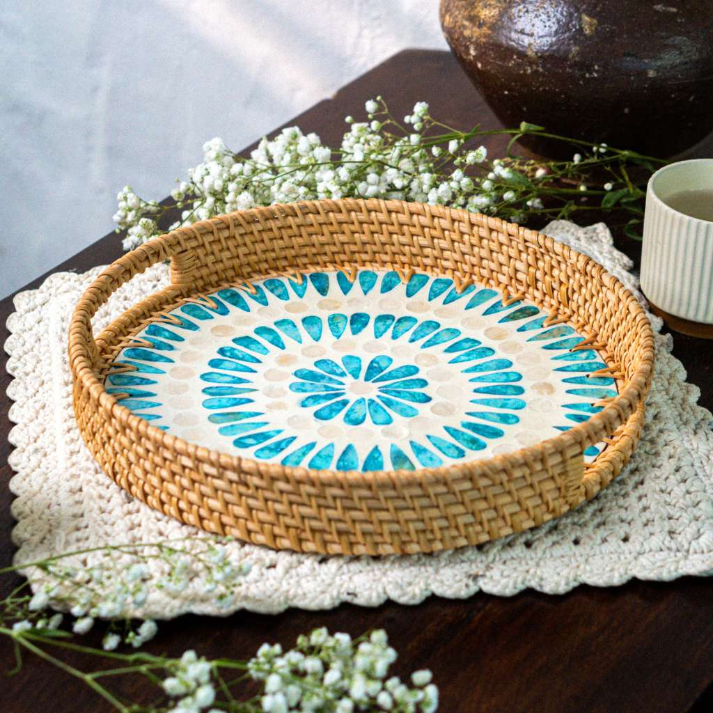 Handmade Rattan & Mother of Pearl Serving Tray