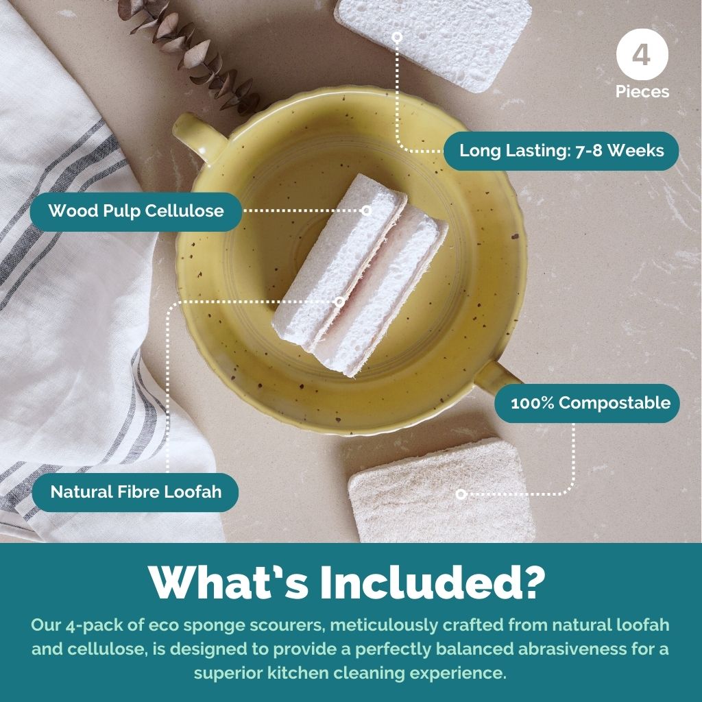 Plastic-Free Kitchen Sponges | Compostable & Reusable 4 Pack