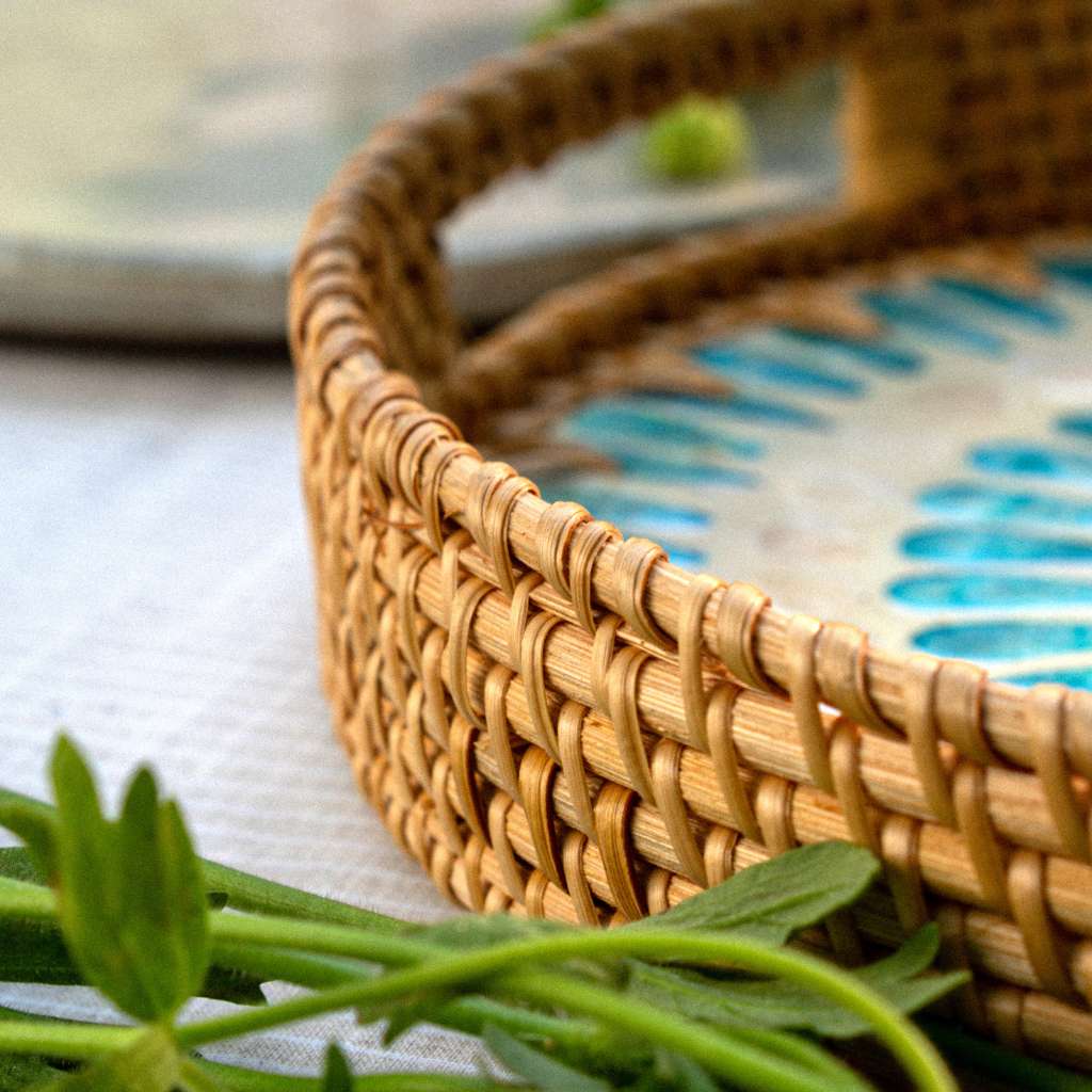 Handmade Rattan & Mother of Pearl Serving Tray