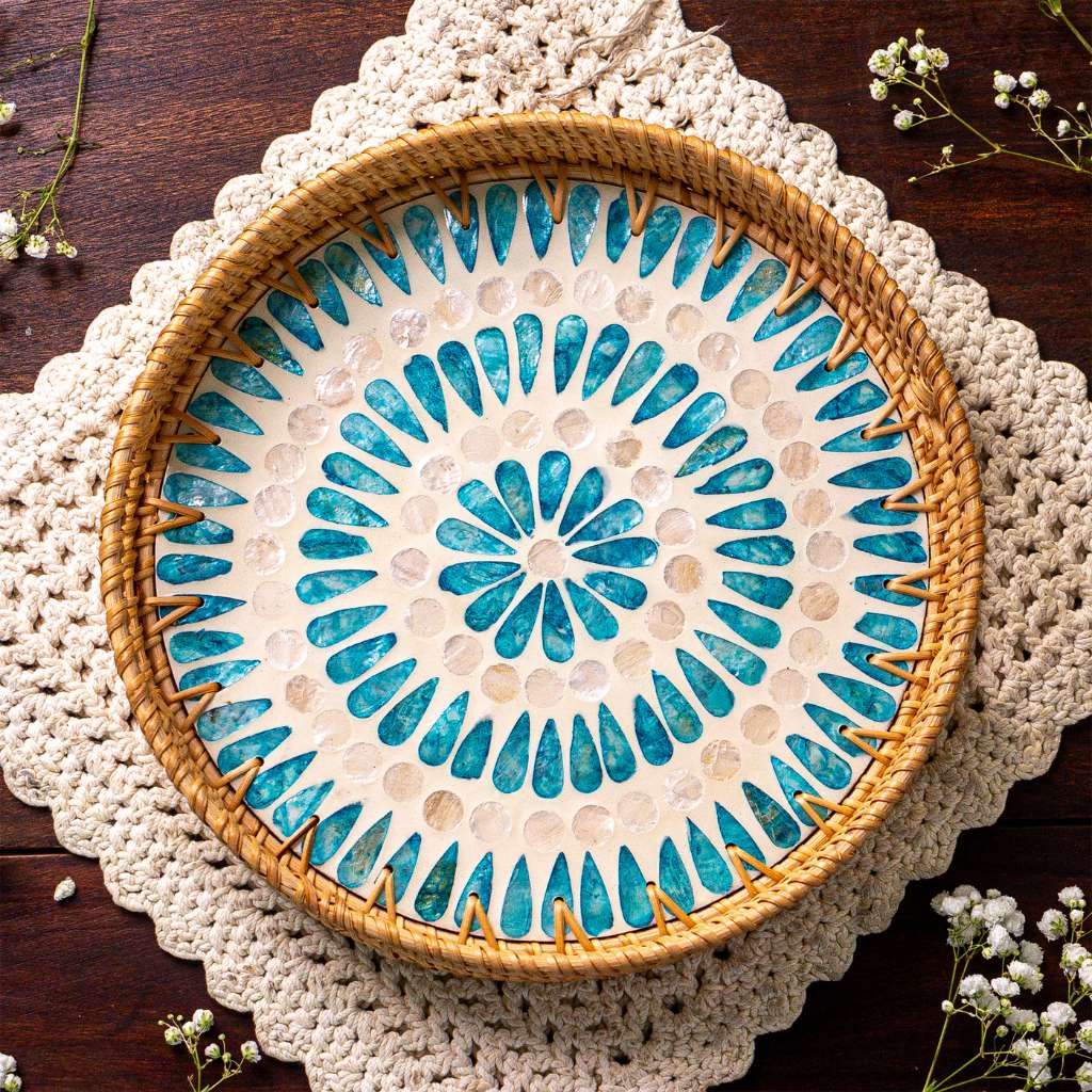 Handmade Rattan & Mother of Pearl Serving Tray