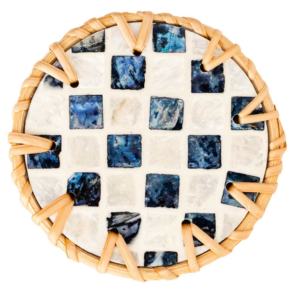 Rattan & Mother of Pearl Coaster Set of 6 | Handmade Eco-Friendly Drink Coasters with Holder