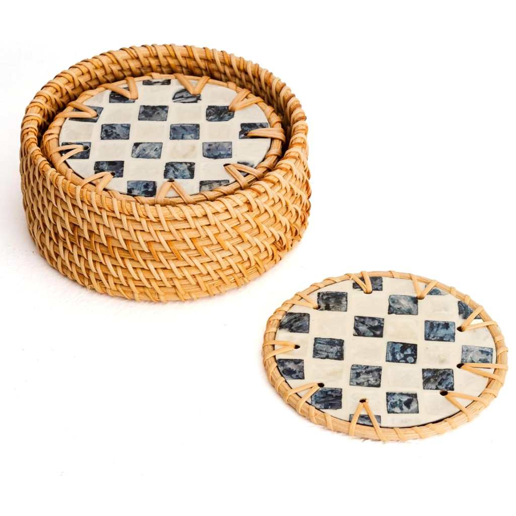 Rattan & Mother of Pearl Coaster Set of 6 | Handmade Eco-Friendly Drink Coasters with Holder